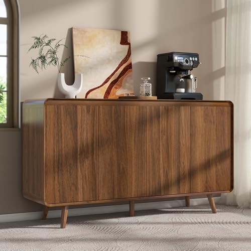 Nasonet Mid Century Modern Buffet Cabinet with Storage, 55 Inch Sideboard Credenza with Doors & Shelves Console Coffee Bar Table for Living Room, Kitchen, Dining Room and Hallway, Walnut Nasonet