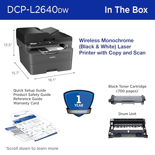Brother DCP-L2640DW Wireless Compact Monochrome Multi-Function Laser Printer with Copy and Scan, Duplex, Black & White Output | Includes Refresh Subscription Trial(1), (Renewed Premium) Brother