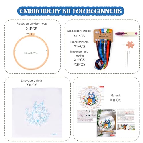 KESTAR Embroidery Starter Kit, Owl Flower Embroidery Kit for Adults Beginners, Cross Stitch Kits with Embroidery Cloth Hoops Needles Instruction and Threader