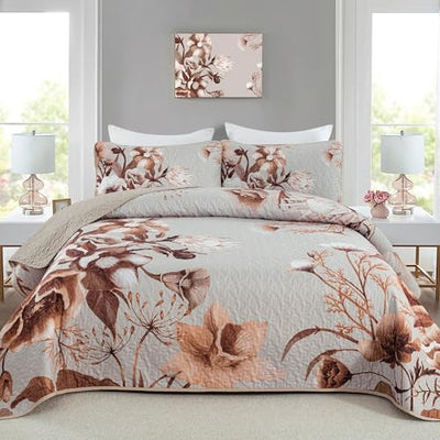 Khaki Quilt Set King Size Bedding Set 3 Pieces Boho Floral Quilt Bedspread Soft Microfiber Lightweight Flower Coverlet Set with 2 Pillow Shams for All Season 90"x104"