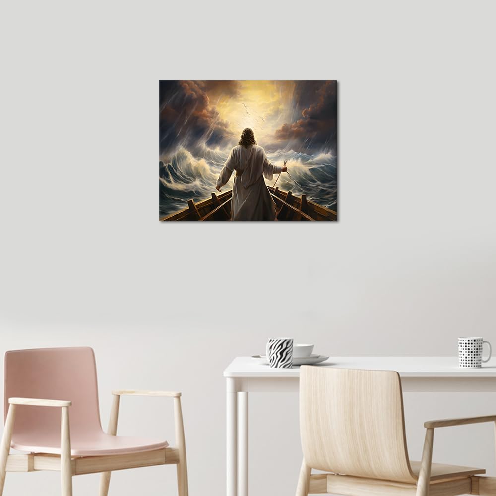 TUMOVO Jesus Paint by Number for Adult, DIY Painting by Number Kits On Canvas, Jesus Christ Boat Calms Storm Sea Paint by Numbers for Adults Beginner Craft Kits 16X20 Inch(with Frame) TUMOVO