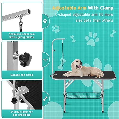 Polar Aurora 46'' Dog Grooming Table, Heavy Duty Pet Grooming Table for Dogs at Home Foldable Grooming Table w/Adjustable Arm & Noose & Mesh Tray Professional Dog Show Stainless Steel Black Polar Aurora