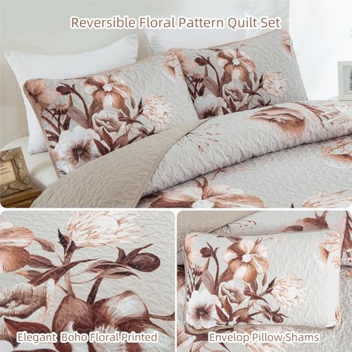 Khaki Quilt Set King Size Bedding Set 3 Pieces Boho Floral Quilt Bedspread Soft Microfiber Lightweight Flower Coverlet Set with 2 Pillow Shams for All Season 90"x104" Drucon