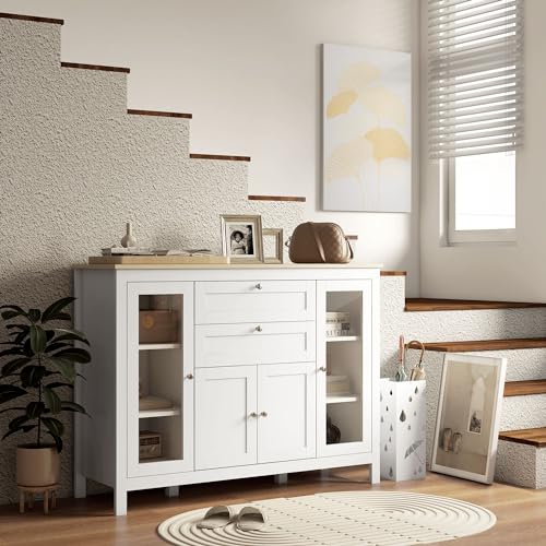 HOMCOM 47" Sideboard, Buffet Cabinet with Rubber Wood Top, Glass Door, Coffee Bar Cabinet, Kitchen Cabinet with Drawers, Adjustable Shelving for Living Room, White HOMCOM