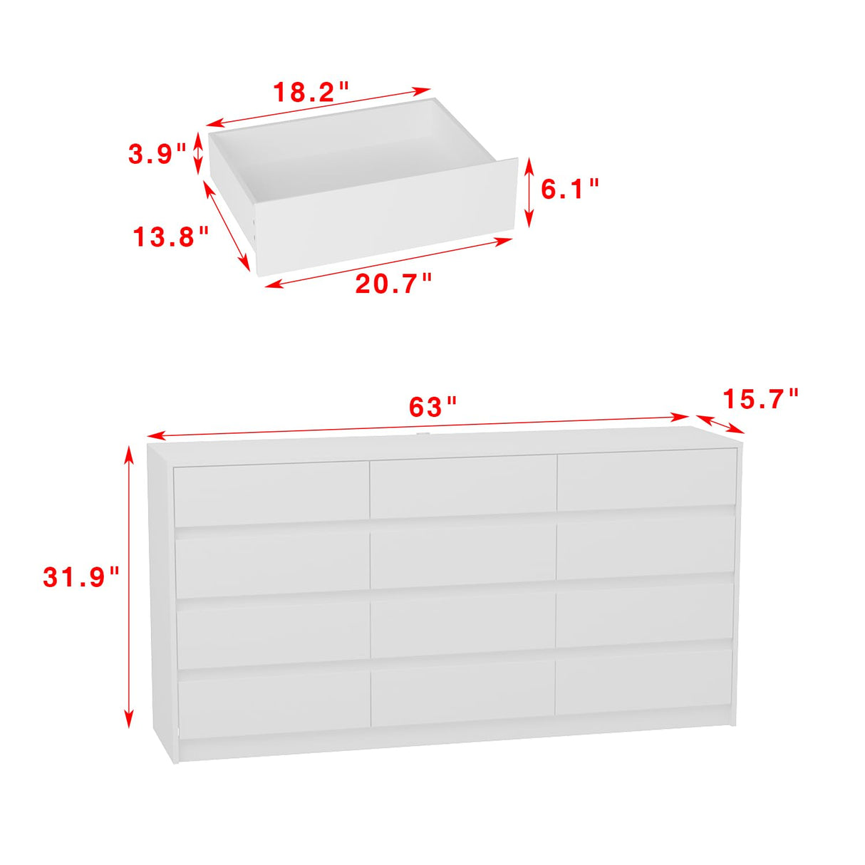 Homsee 12 Drawers Double Dresser, Modern Wood Dresser Chest of Drawers with Large Storage Space for Bedroom, White (63”L x 15.7”W x 31.9”H) Homsee