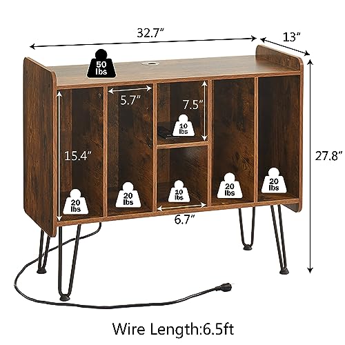 Leesingdo Large Record Player Stand with Vinyl Storage, Retro Brown Record Player Table with Power and USB Port, Holds Up to 200 Albums, Turntable Stand Vinyl Record Player Storage Cabinet Leesingdo