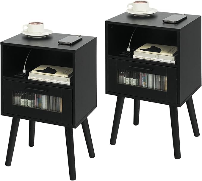 i-VTIES Nightstand with Charging Station,Mid Century Bedside Tables Set of 2, End Table Side Table with Drawer,for Bedroom, Living Room(Black) i-VTIES