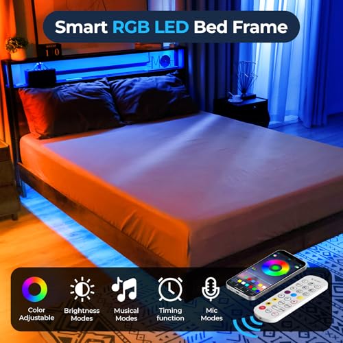BedsPick Full Size Bed Frame with 2-Tier Storage Headboard, Sturdy Metal Platform Bed Frame with Charging Station & LED Lights, Noise-Free/Metal Support/No Box Spring Needed, Rustic Brown BedsPick