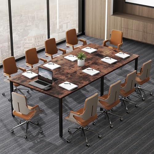 Nightcore Rectangle Conference Table for 10, 8 ft Large Seminar Table with 2 Cable Grommets, Modern Industrial Office Computer Desk with Metal Legs for Boardroom, Meeting Room, Brown Goplus