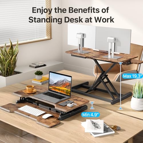 JYLH JOYSEEKER Standing Desk Converter 32 inch, Height Adjustable Sit Stand Desk Riser, Quick Sit to Stand Desktop Dual Monitor Riser Workstation for Home Office with Keyboard Tray, Rustic Brown JYLH JOYSEEKER
