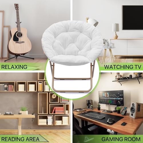 Magshion Saucer Chair for Adults, Oversized Folding Cozy Moon Chair with Gold Metal Frame, Furry Faux Fur Comfy Lazy Seat for Bedroom, Living Room, Dorm Room, Apartment (White) Magshion