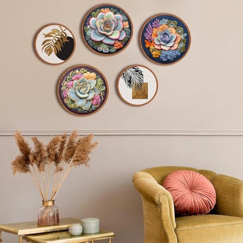 FONNUY Succulents Embroidery Kit for Beginners, Stamped Embroidery Patterns Kits for Adults with Hoop, Easy to Follow Color Thread Needlework, 8'' Hoop (Chubby Leaves)