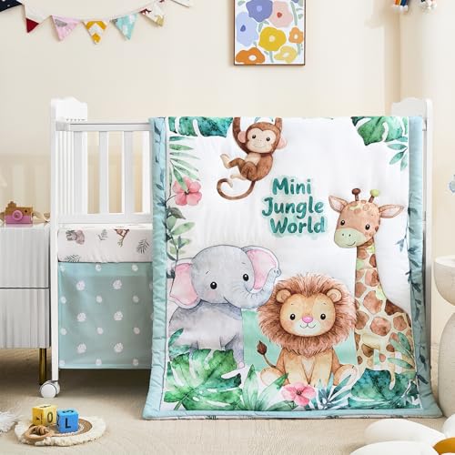 NacoMoco 3-Piece Crib Bedding Set for Boys Girls - Ultra Soft & Skin Friendly Baby Bedding Set Includes Crib Comforter, Sheet & Crib Skirt (Safari) NacoMoco