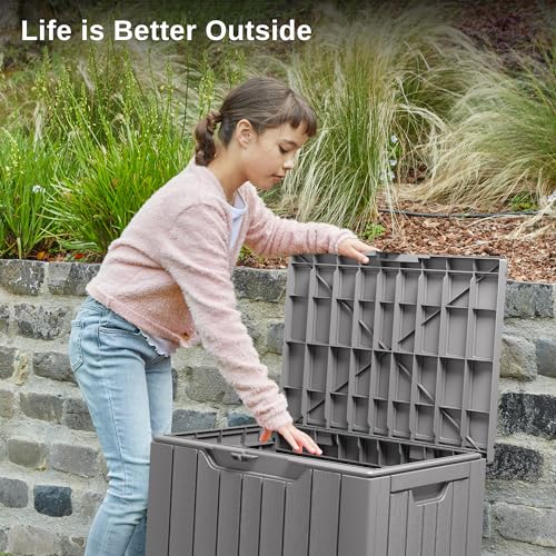 EAST OAK Outdoor Storage Box, 31 Gallon Deck Box Indoor and Outdoor Use, Waterproof Resin Storage Bin with Latch for Patio Cushions, Gardening Tools, Outdoor Toys, UV Resistant, Deep Grey EAST OAK