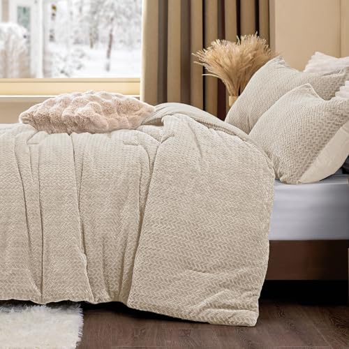 ChiXpace Flannel Fleece Full Comforter Set - Furry Linen Leaves Pattern Faux Fur Bed Set, Winter Ultra Soft Fuzzy Comfort Set, Velvet Bedding Set for Bed with 2 Pillow Cases ChiXpace