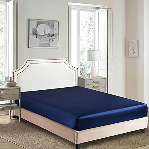 Satin Fitted Sheet, Full Fitted Sheet Only, 1 - Piece Ultra Soft Deep Pocket Single Silk Bottom Bed Sheet Full - Navy Blue Luxbedding
