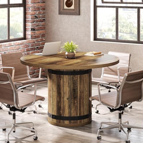 Tribesigns 39.37-Inch Round Conference Table, Farmhouse Meeting Room Table for 4, Seminar Boardroom Desk with Fence Pedestal Base for Office Conference Room (Rustic Brown, Chairs Not Included) Tribesigns