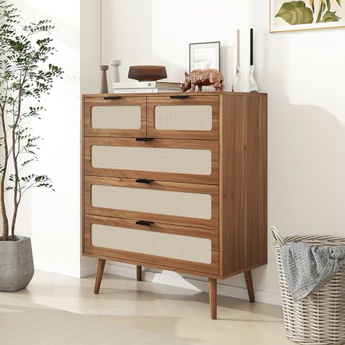 mixtavie Rattan Dresser with 5 Drawers, 5 Drawers Dresser for Bedroom, Dressers & 5 Chests of Drawers with Metal Handles, Modern Storage Organizer Dresser for Hallway (Walnut, Set of 1) mixtavie