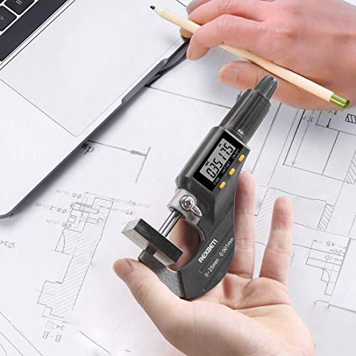 REXBETI Digital Micrometer, Professional Inch/Metric Measuring Tools 0.00005"/0.001 mm Resolution Thickness Gauge, Protective Case with Extra Battery REXBETI