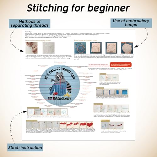 Mindsoft 3 Sets Raccoon Embroidery Kit with Embroidery Hoop Easy Pattern Needlepoint Kit for Beginners and Adults Hand Crafts Needlepoint Set with Needles Thread and Instruction