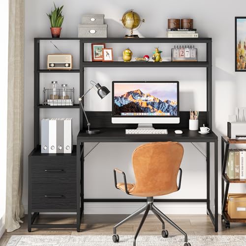 Tribesigns 55 Inch Computer Desk with 2 Drawers and Storage Shelves, Rustic Office Desk with Hutch, Study Writing Gaming Table Laptop Workstation for Home Office (Black) Tribesigns