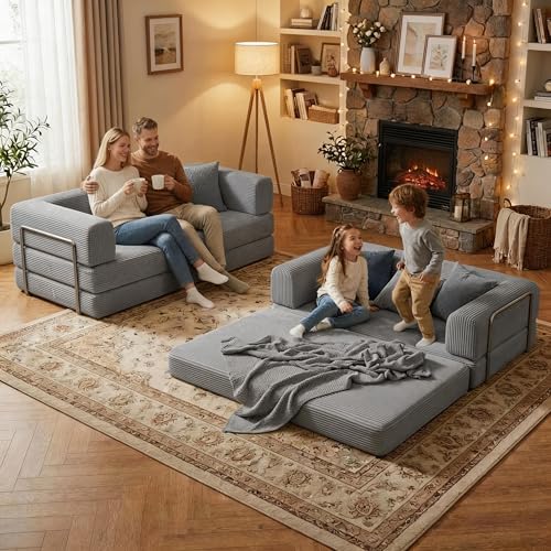 Doppeltcharms 79" 5-in-1 Convertible Sleeper Sofa Bed, No Assembly Corduroy Modular Futon Couch with Fixed Metal Armrests, Compressed in a Box, Pet-Friendly Sofa for Living Room Apartment, Dark Grey Doppeltcharms