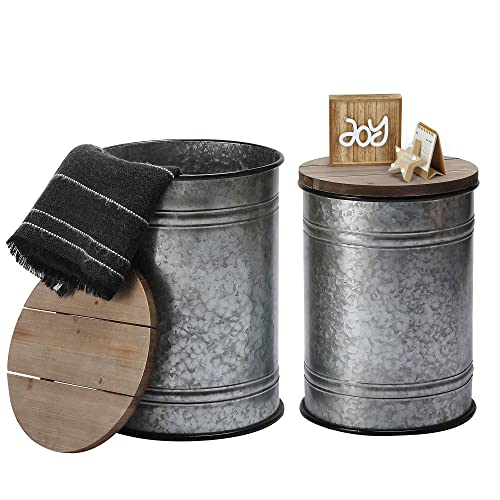 Rustic Storage Ottoman Seat Stool, Farmhouse Accent Side Table, Antique Galvanized Metal End Table Box Bin with Round Wooden Lid Set of 2 (Galvanized) Rustee