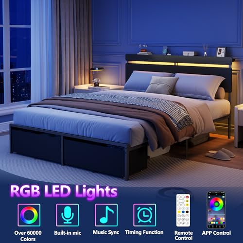 Forestell Queen Bed Frame with Wood Headboard, Black Platform Bed with 2 Storage Drawers & Shelf, Built-in Charging Station & LED Lights, Metal Support, No Box Spring Needed, Cama Queen Size Forestell