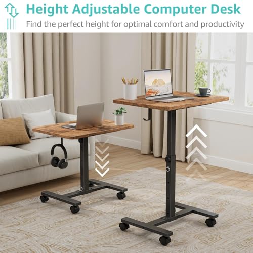 Small Portable Standing Rolling Desk - 24 Inch Mobile Stand Up Desk Adjustable Height on Wheels for Small Spaces, Couch Kids Laptop Desks End Side Table, Teacher Podium for Classroom, Rustic Brown WINAZ