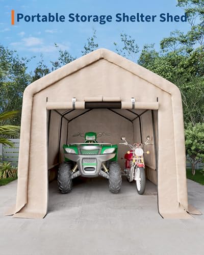 10X15 FT Heavy-Duty Portable Outdoor Storage Shed with Roll-Up Zipper Door & Vent, 240g Waterproof Carport Storage Shelter, UV-Resistant Canopy for Motorcycle, Firewood, Tools -Gray ActiveTrail