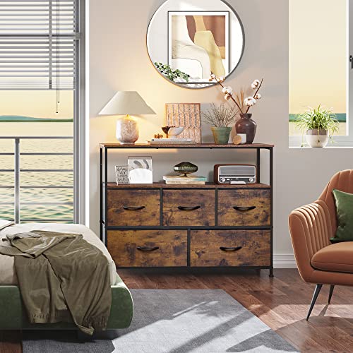 WLIVE TV Stand Dresser for Bedroom with 5 Fabric Drawers, Entertainment Center with Open Shelf and Power Outlet for 45 inch TV, Media Console Table with Storage for Closet, Living Room, Rustic Brown WLIVE