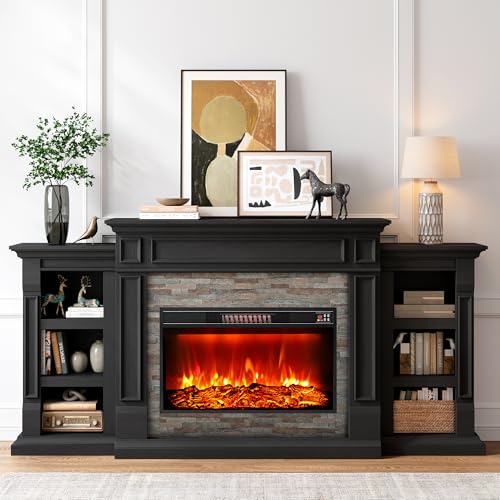 80" Fireplace TV Stand, Electric Fireplace with Mantel for TVs Up to 90 Inch, Modern Entertainment Center with Storage, Realistic Stacked Stone Surround with 30'' Fireplace for Living Room, Black HolliWill