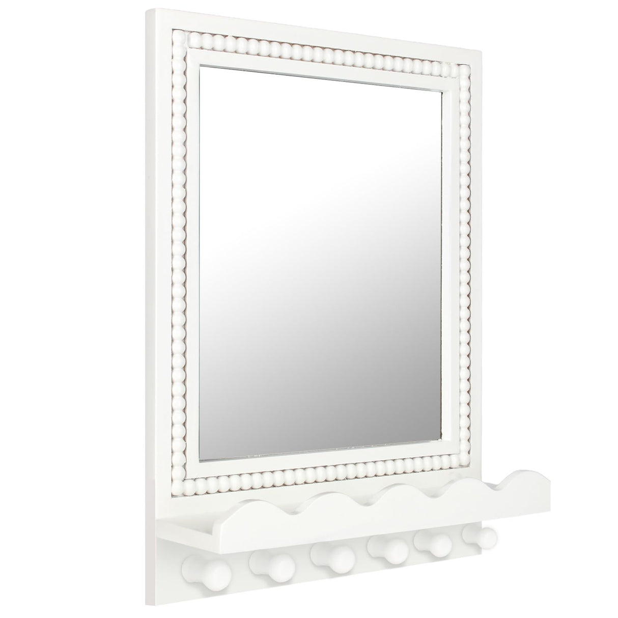 Tirzah 16x12 Inch Wall Mount Beaded Wood Framed Mirror with Shelf and 6 Hooks, White Decorative Entryway Mirror with Storage for Laundry Room, Bathroom, Bedroom Tirzah