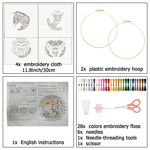 ORIGACH 4 Pcs Wild Animal Embroidery Starters Kit for Beginners, Zebra Lion Elephant Giraffe Embroidery Stitch Practice kit Include Embroidery Cloth, Embroidery Hoops, Threads and Needles