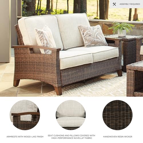 Signature Design by Ashley Paradise Trail Outdoor Loveseat with All Weather Cushions, Medium Brown Signature Design by Ashley