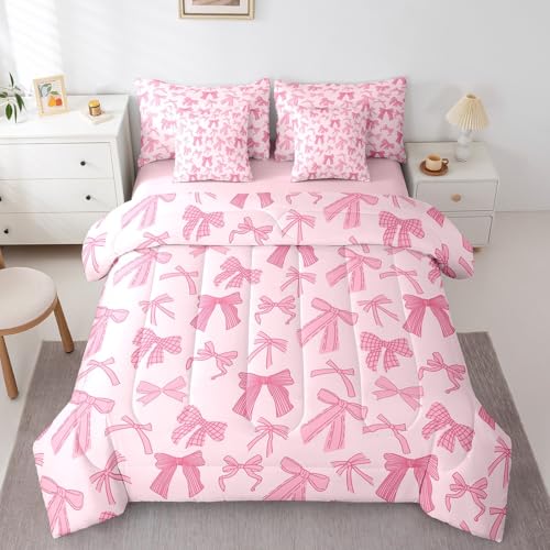 Erosebridal Pink Bowknot Kids Bedding Sets Queen Size, Dreamy Princess Style Comforter Set Cartoon Bow Tie Kawaii Sheet Set with Comforter for Girls Boys Children Women, Cartoon Bow Knot Bed in A Bag Erosebridal