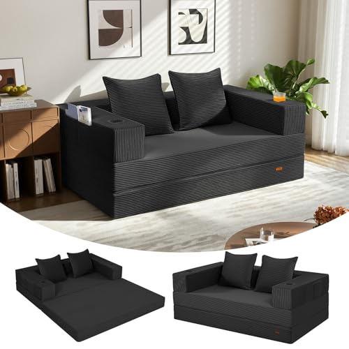 COMAX Futon Sofa Bed, 4‑in‑1 Convertible Sofa Bed, Folding Boneless Couches for Living Room, Fold Out Small Foldable Loveseat Floor Sleeper Comfy Mattress Lounge Space‑Saving, Black COMAX