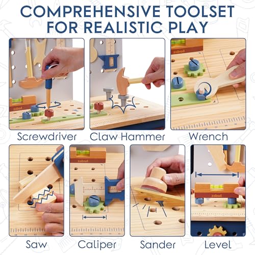 ROBUD Wooden Toy Workbench, Large Kid's Wooden Play Tool, Pretend Play Creative Building Set, Construction Workshop Tool Bench Toys, Gift for Girls & Boys, 3+ ROBUD