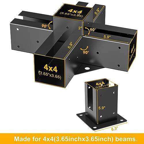 TROPTOLKY 4x4 Pergola Brackets Kit, 5-Way Powder-Coated Woodworks Corner Brackets, 1 Bracket Shoulders & 1 Wood Post Base, 2PCS Woodwork Pergola Kit Elevated Wood Stand Kit TROPTOLKY