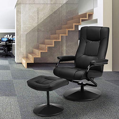 WATERJOY Swivel Recliner Chair, PU Leather Lounge Armchair Recliner, 360 Degree Swivel Overstuffed Padded Seat Chair with Footrest Stool Ottoman Set for Office Living Room Black