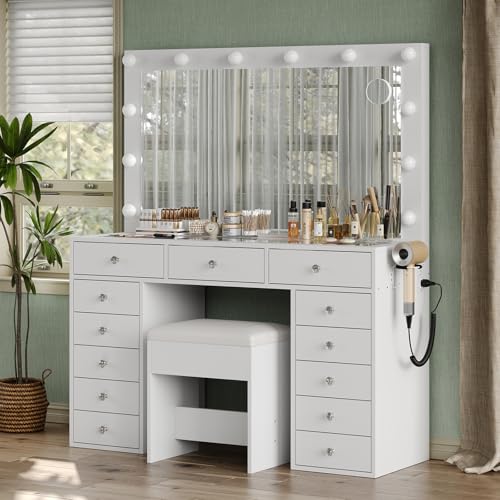 Yanosaku 47" Makeup Vanity with Charging Station, 13 Drawers Vanity Desk with 12 LED Bulbs and HD Mirror, 3 Color Brightness Adjustable, Glass Top, Vanity Set for Bedroom, White Yanosaku