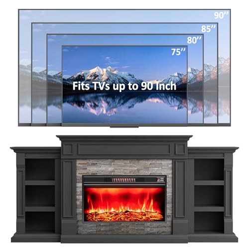 Naice 80" Electric Fireplace with Mantel, Fireplace TV Stand for TVs Up to 90", Modern Entertainment Center, Realistic Stacked Stone Surround 30" 3D Realistic Flame Heater Ideal for Living Room,Black Naice