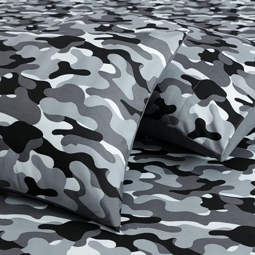 Chezmoi Collection Military Camo 4-Piece Sheet Set - Camouflage Black Gray Printed Microfiber Soft Breathable Deep Pocket Sheets and Pillowcases Set, Full XL Size Chezmoi Collection