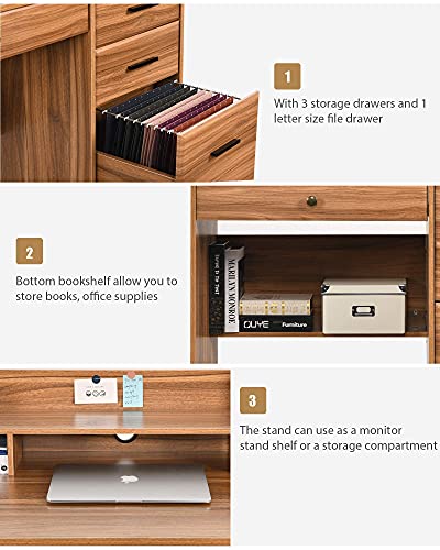 Catrimown Computer Desk with Drawers and Hutch, 44” Rustic Oak Wood Desk with 4 Drawers for Home Office Secretary Writing Table, Small Desk with File Drawer for Small Places, Rustic Oak Catrimown