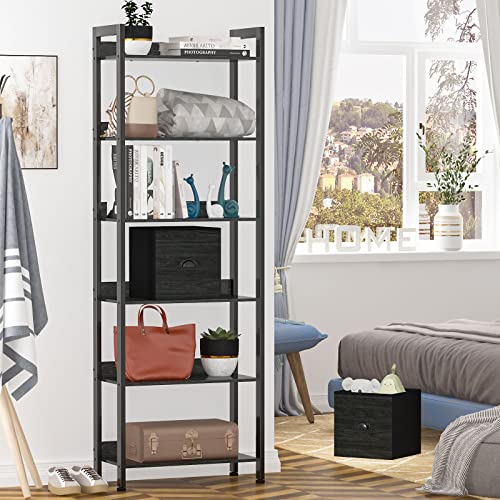 Furologee 6-Tier Industrial Bookshelf with 2 Drawers - Black Oak Tall Bookcase for Home Office and Bedroom Furologee