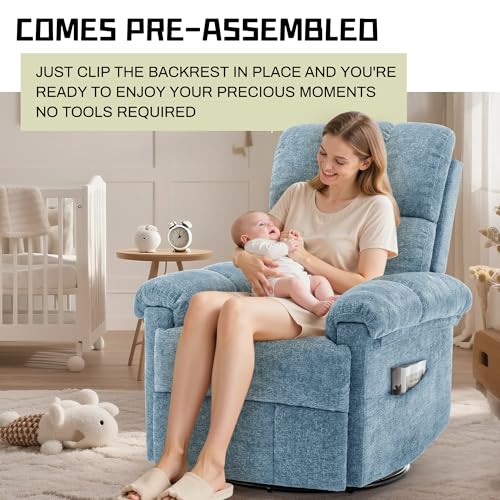 Korser Recliner Chair, Swivel Rocker Recliner Chair for Adults, Small Recliners for Small Spaces, Manual Recliner Chair with Side Pockets, Nursery Rocking Chair for Living Room, Chenille, Airy Blue