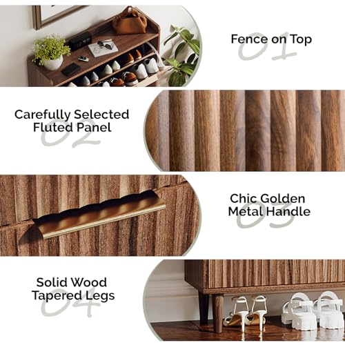 VINGLI Fluted Shoe Storage Cabinet for Entryway with 3 Flip Drawers, Narrow Shoe Organizer with Fluted Panel, Freestanding Wood Hidden Shoe Cabinet for Foyer, Hallway (Dark Walnut, 3 Flip Drawers) VINGLI
