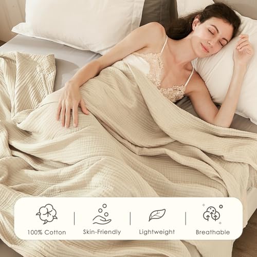EMME Cotton Bed Blanket Twin Size Soft Muslin Boho Bedding Lightweight Breathable Light Tan Twin Blanket All Season Gauze EMME