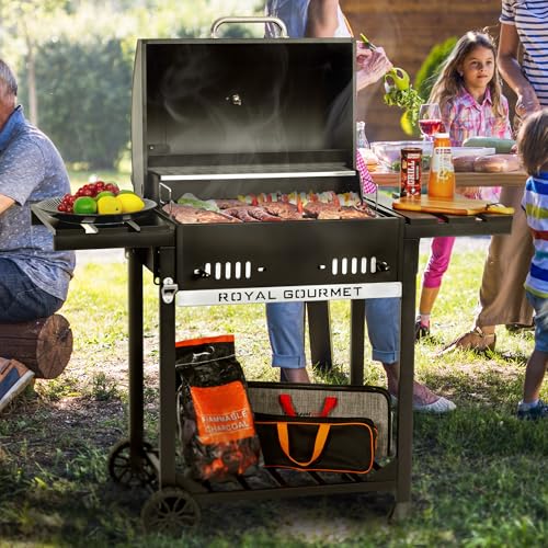 Royal Gourmet CD1824ET 24-Inch Movable Charcoal Grill with Foldable Side Tables, Outdoor BBQ Grill with 470 Sq. In. Cooking Area for Outdoor Picnic and Camping Grilling, Black Royal Gourmet