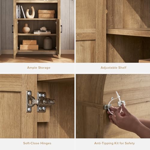 mopio Lauren 65.4" Short Arched Cabinet, 5-Tier Arched Bookcase with Doors and Shelves, Mini Arched Bookshelf with Storage, Kitchen Pantry Cabinet, Wooden Storage Cabinet for Living Room (Oak) mopio